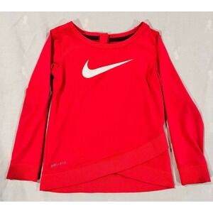 Nike Girls Dri-FIT Long Sleeve Swoosh Top Pink Red Size 12M Snap Back Ribbed Hem